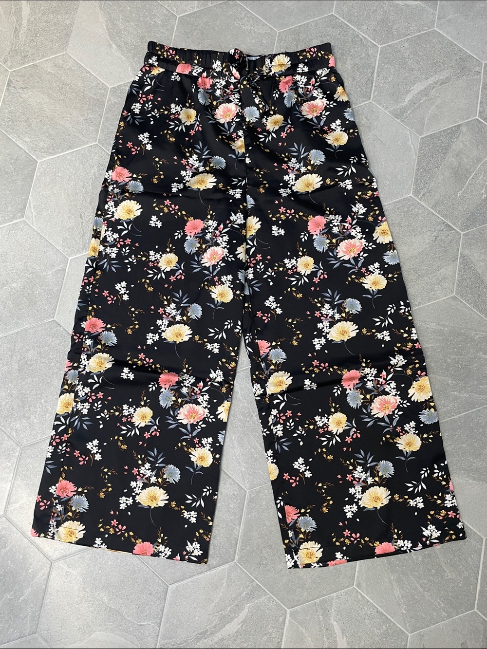 FRNCH Paris Floral Wide Leg Pants | Large | High-Waisted Drawstring Trousers